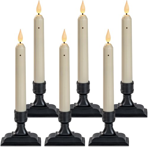 Homemory 6 Pcs Electric Window Candles - Dusk to Dawn Sensor, Ivory Flickering LED with Black Holders for Holiday Decor
