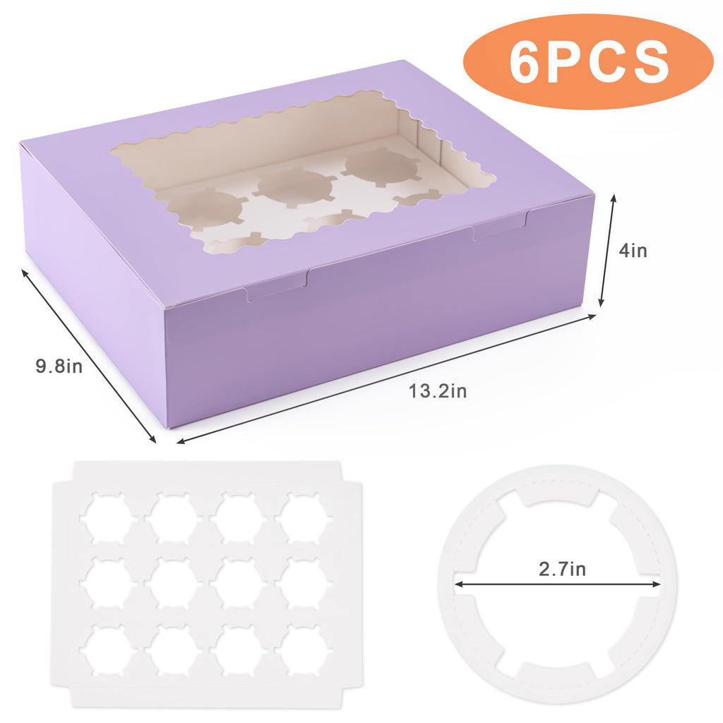 Hoewina 6PCS Cupcake Boxes - Hold 12 Count Cupcake Containers with Window, Food Grade Cupcake Holder Easy Transport and Presentation - Ideal for Cupcakes, Desserts, and More (Light Purple)