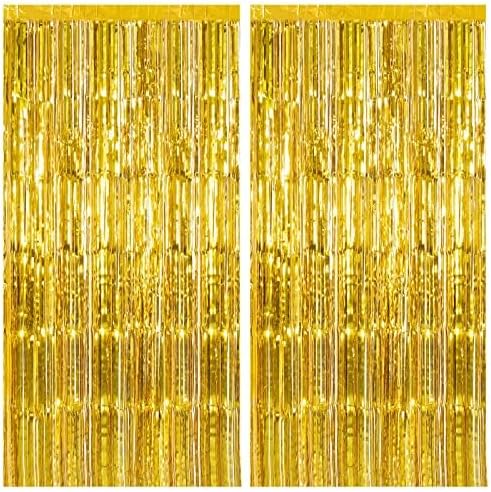 Skiennix Gold Fringe Curtain Backdrop - 2 Pack Tinsel Streamers for Parties & Events | Perfect for Birthdays, Christmas, Halloween, & Graduations