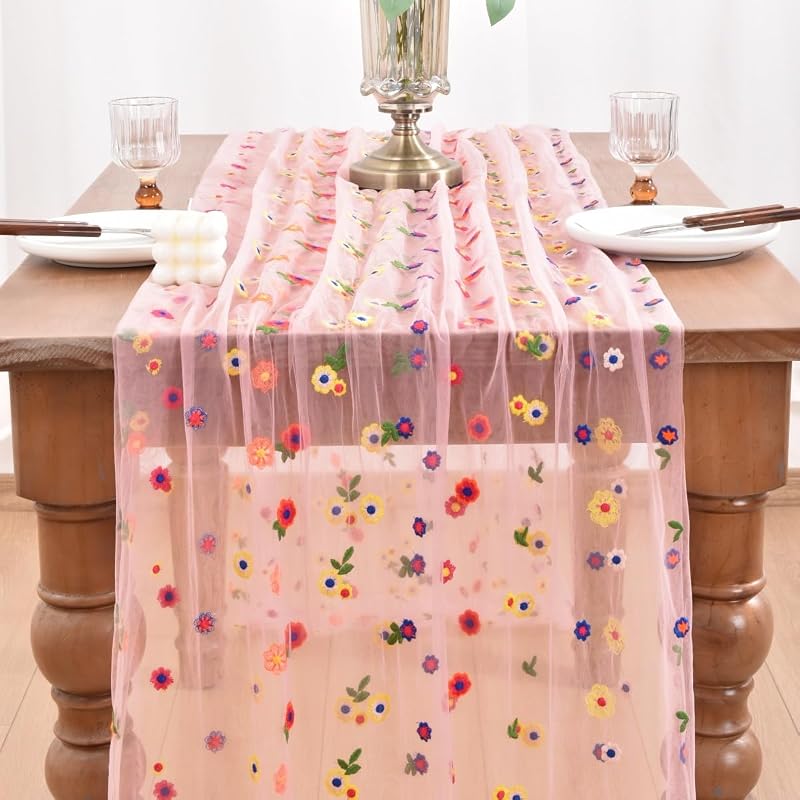 Blushing Pink 10ft x 10 Pack Floral Daisy Table Runner - 28W x 120L Embroidered