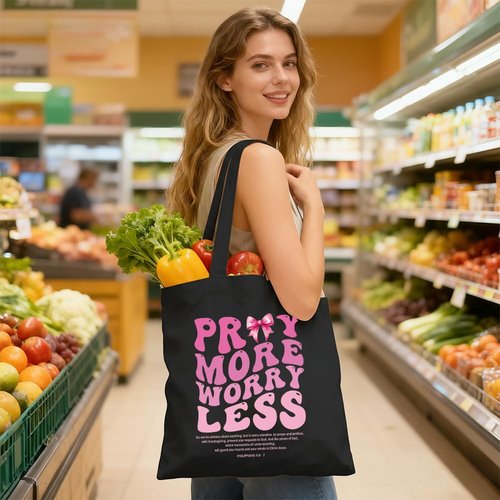 WHTYEFZ Pray More Worry Less Women Canvas Tote Bag, Christian Bible Verse Tote for Women, Mental Health Awareness Gifts, Inspirational Religious Gifts ChristianMom Sister Daughter Niece BFF