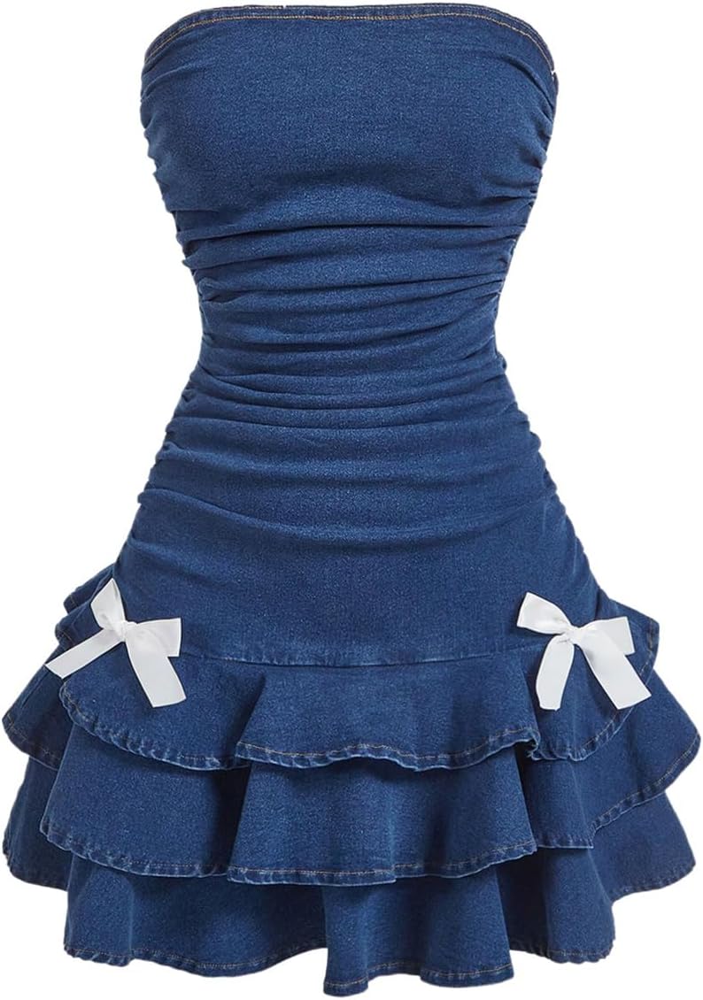WDIRARA Strapless Denim Mini Dress - Layered Ruffle A-Line Design with Bow Detail