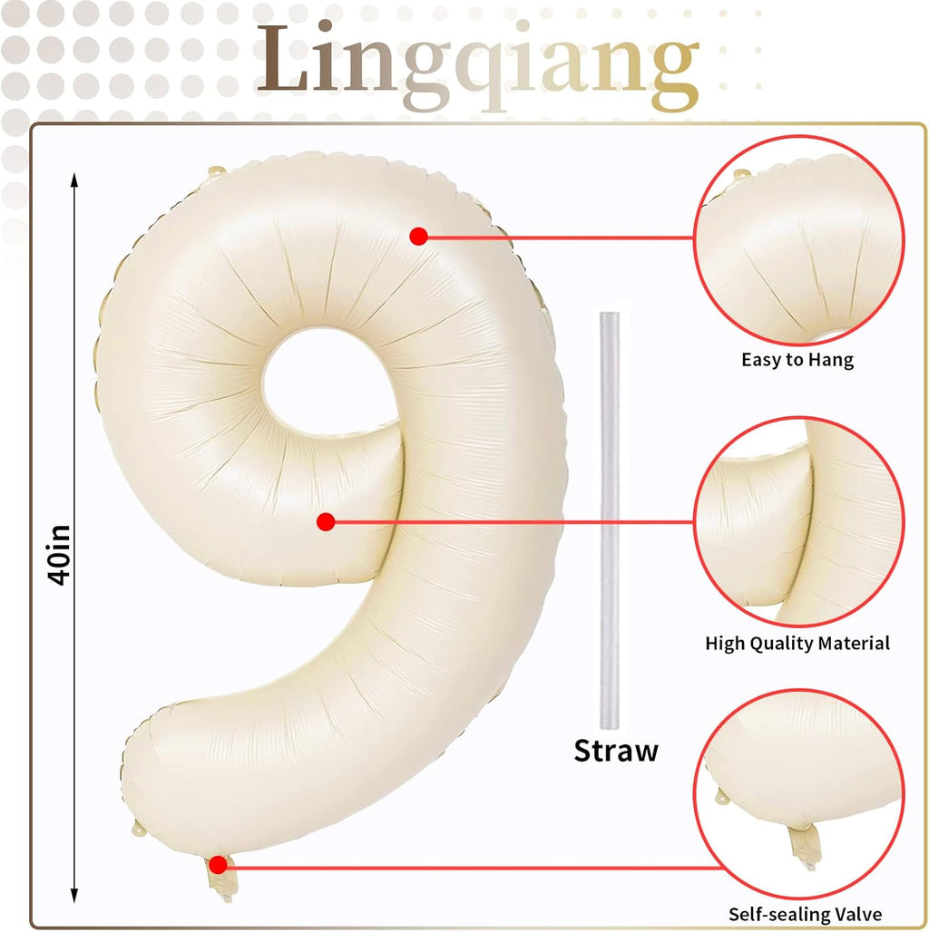 Skiennix 40-Inch Beige Number 9 Balloon | Large Cream Foil Helium Balloon for Birthdays & Anniversaries