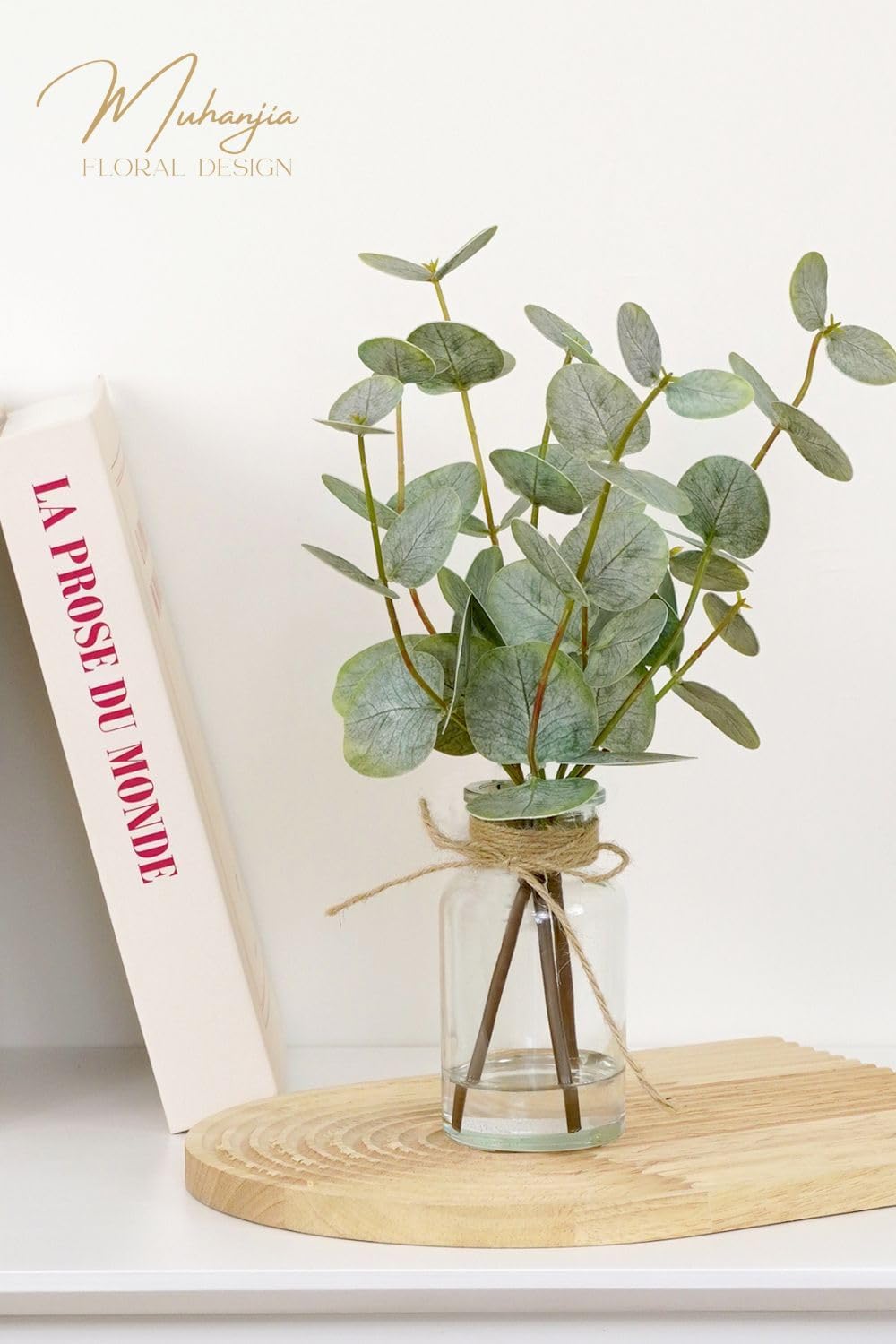 Muhanjia Artificial Eucalyptus Stems - 3Pcs Faux Green Leaves in Glass Vase with Faux Water | Perfect Centerpiece
