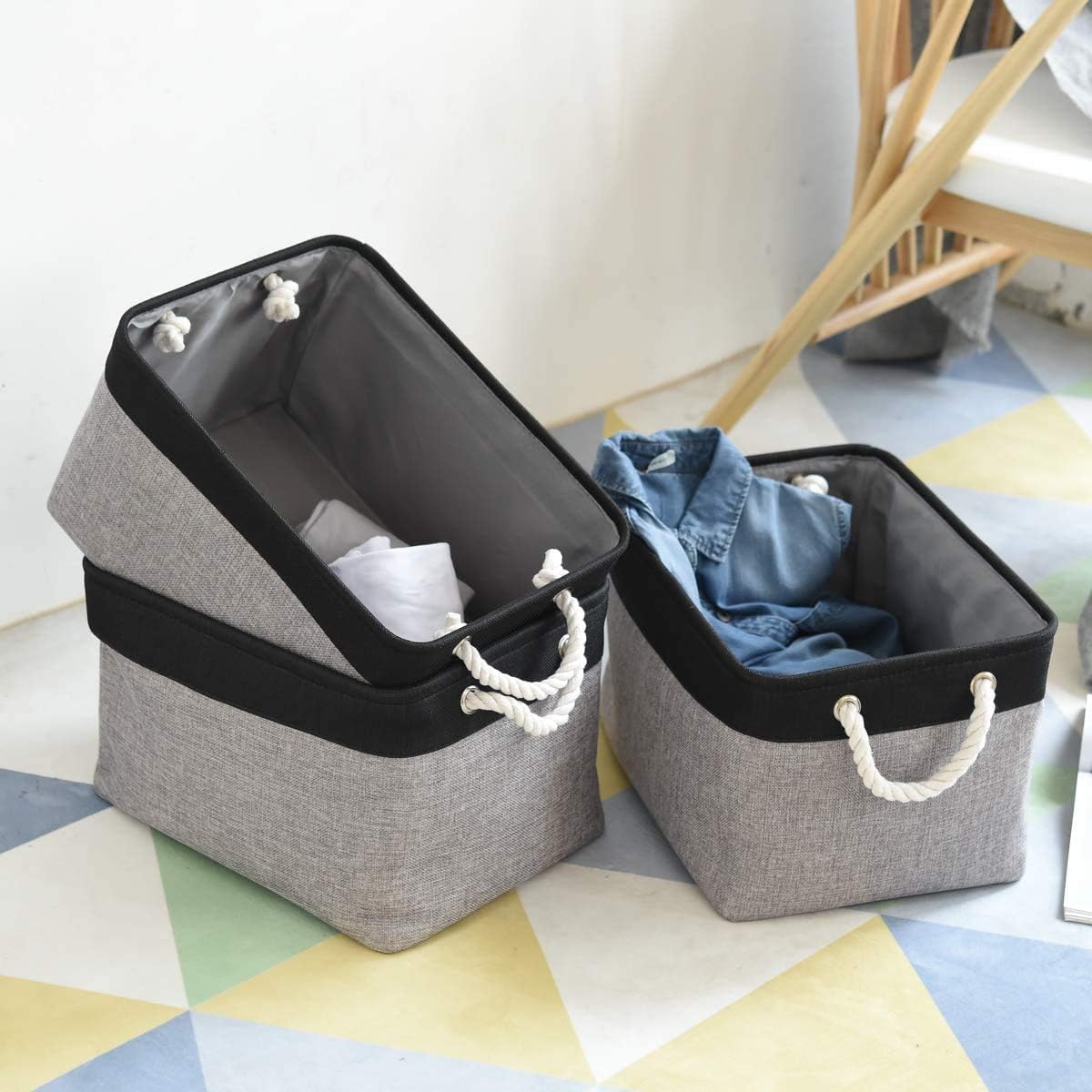 TheWarmHome Storage Basket - 16x12x8 Inch Fabric Organizer Bins for Laundry, Toys & More | Grey & Black
