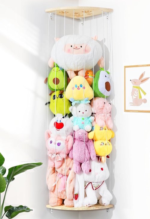 Corner Stuffed Animal Storage Net - Heigh Adjustable Wood Stuffed Animal Organizer - Large Wall Plush Holder Teddy Bear Storage for Bedroom Nursery Decor