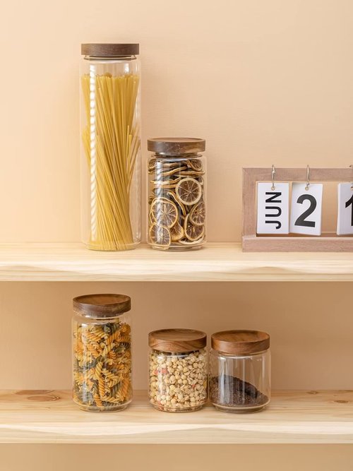 Kanwone Airtight Food Storage Containers with Bamboo lids set of 5, Stackable Food Storage Containers, Glass Canisters for Pantry, kitchen, Flour, Sugar, Tea, Coffee, Pasta, Cookies, Rice and Spice