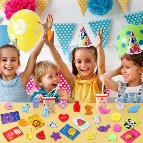 Kawaii Squishy Toys - 28 Pack Mochi Fidget Toys with Cards | Perfect Party Favors & Goodie Bag Stuffers for Kids 4-12