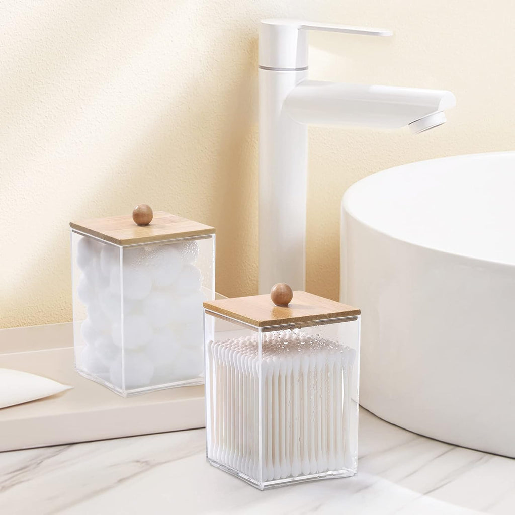 Tbestmax Square Qtip Holder Set - 12 oz Plastic Bathroom Organizers with Bamboo Lids for Cotton Balls & Swabs