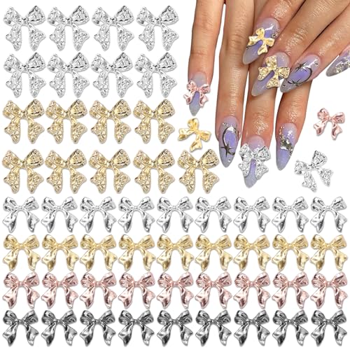 Uotey 60 Pcs Metal Bow Nail Charms - 3D Alloy Bowknot Gems for Acrylic Nail Art