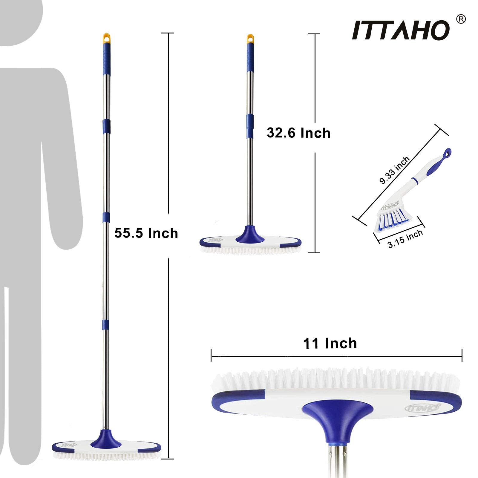 ITTAHO Floor Scrub Brush with Long Handle - 53" Deck & Grout Cleaner Brush Set for Tile, Marble, Stone, Bathroom, Patio, Garage, Deck & Floor Cleaning