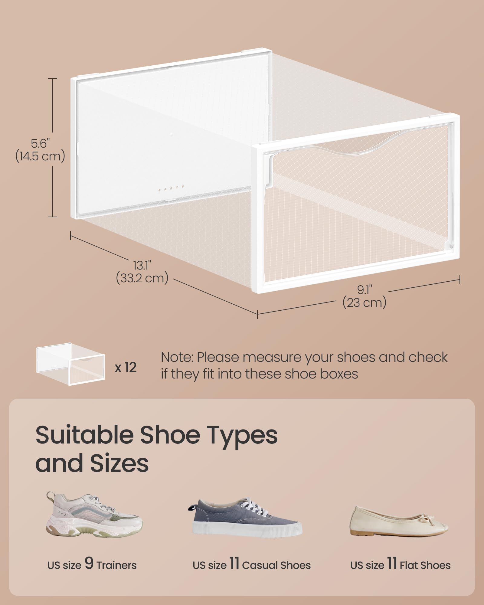 SONGMICS Shoe Boxes, Shoe Storage Organizers Rack for Closet, Plastic Stackable Sneaker Containers Case, 12 Pack, Transparent and Cloud White ULSP312W01