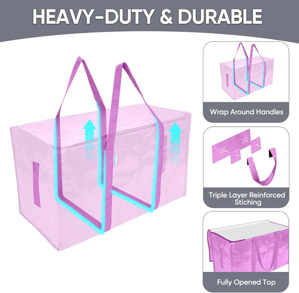 TICONN Extra Large Heavy-Duty Moving Bags - Durable Storage with Zippers & Handles | 2 Pack, Pink