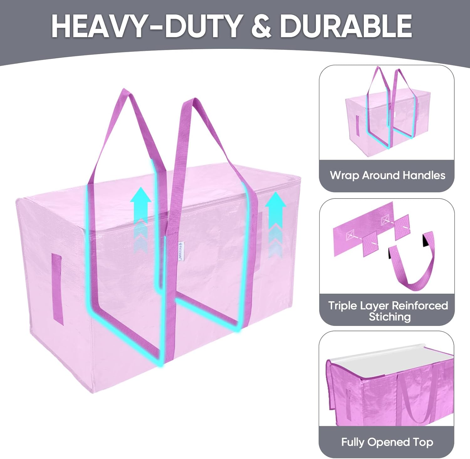 TICONN Extra Large Heavy-Duty Moving Bags - Durable Storage with Zippers & Handles | 2 Pack, Pink
