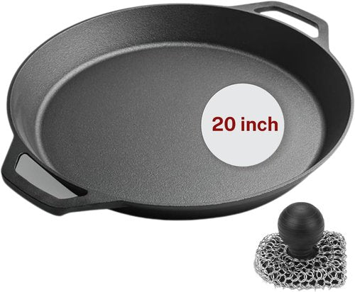Cast Iron Skillet - 20 Inch Pre-Seasoned Cooking Pan with Dual Handles & Cleaner Scrubber | Heavy Duty for Grill, Oven, Stove, Campfire