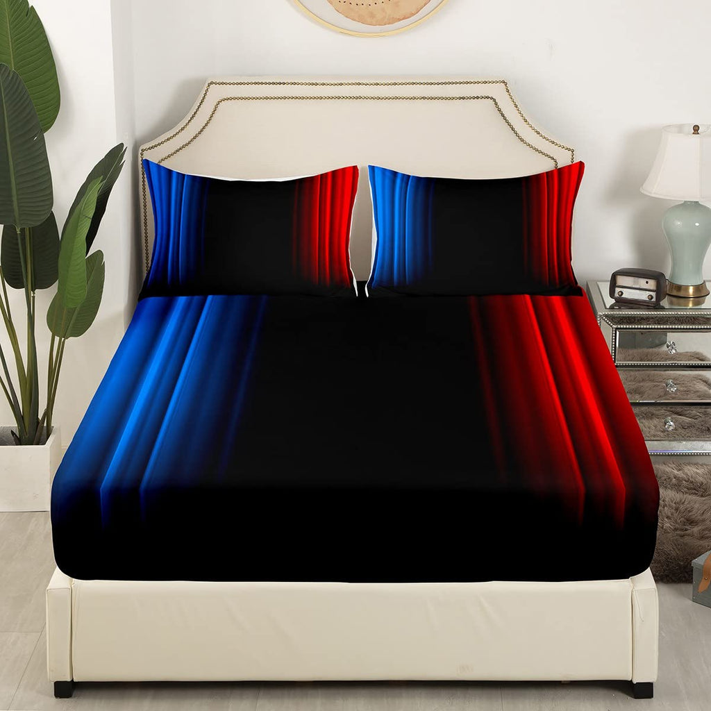 Feelyou Geometric Abstract Ombre Women Bed Sheets Kids Teens Blue Red and Black Striped Sheet Set Decor Modern Fashion Bed Set Bedroom Collection 4Pcs Queen Size