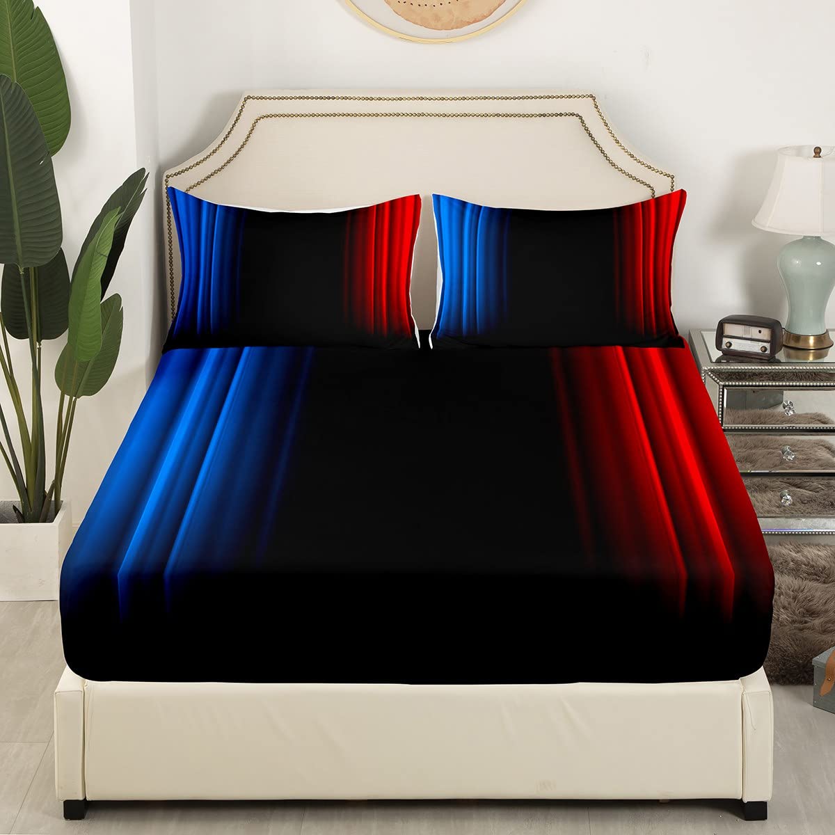 Feelyou Geometric Abstract Ombre Women Bed Sheets Kids Teens Blue Red and Black Striped Sheet Set Decor Modern Fashion Bed Set Bedroom Collection 4Pcs Queen Size