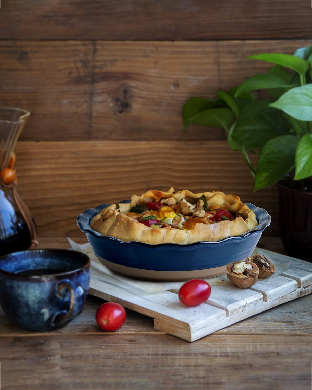 NUTRIUPS 10-Inch Round Pie Baking Dish - Oven Safe Kitchen Bakeware in Blue