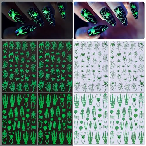 IDDFEVE Halloween Glow-in-the-Dark Nail Stickers, 3D Skeleton & Spider Web Decals - 4 Sheets