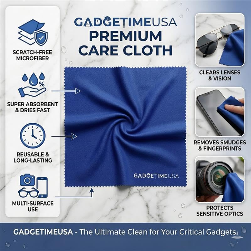Gadgetime USA Reusable Microfiber Cloth - Soft Blue Wipes for Glasses & Screens