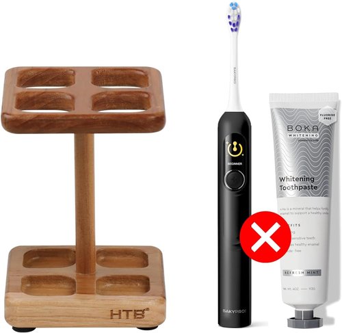 HTB Toothbrush Holder - Teak Bathroom Organizer for Countertop | Versatile Storage for Brushes & Razors