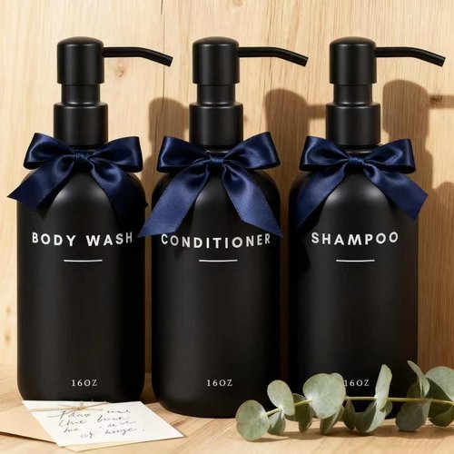 Set of 3 Shampoo and Conditioner Dispenser Stainless Steel Pump Head - 16oz Durable Shower Soap Dispenser and Shampoo Bottles - Easy to Refill Bathroom soap Dispenser Set Bathroom Decor with Labels