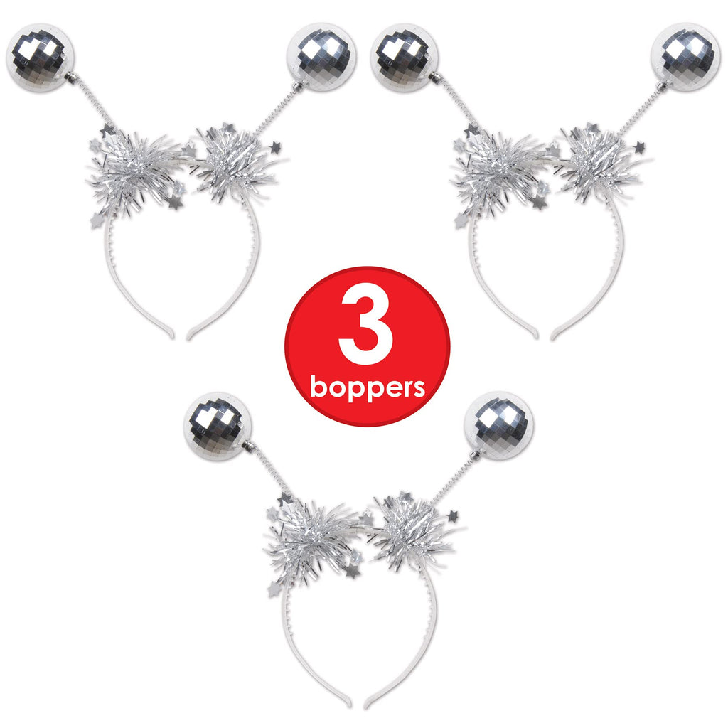 Beistle Silver Disco Ball Boppers – 3 Metallic Headband Accessories with Silver Ball Accents and Tinsel Garland, NYE Headwear for Retro Dance Parties, 1970’s Themed Decade Celebrations, Adult Size