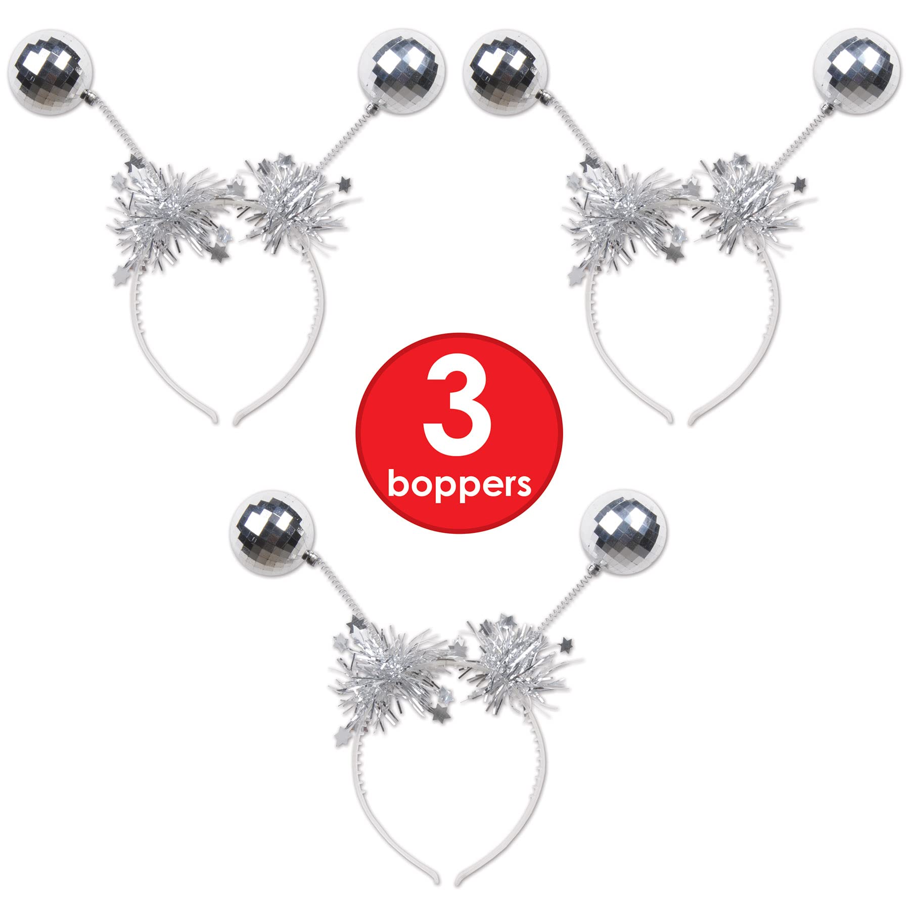 Beistle Silver Disco Ball Boppers – 3 Metallic Headband Accessories with Silver Ball Accents and Tinsel Garland, NYE Headwear for Retro Dance Parties, 1970’s Themed Decade Celebrations, Adult Size