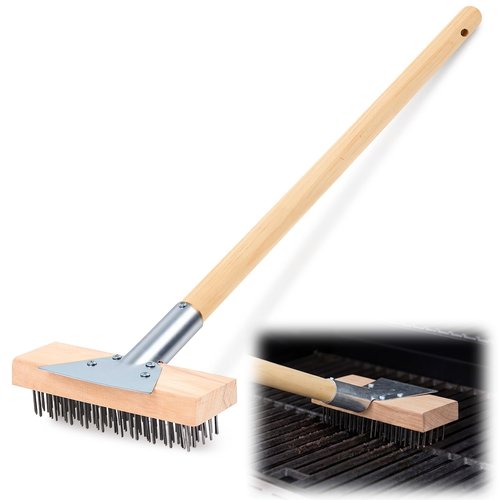Kritkin 1 Pcs Stainless Steel Grill Brushes, Commercial Grill Scraper with 30'' Long Wooden Handle Oven Charbroiler Cleaning Brush for Outdoor Kitchens BBQ Restaurants