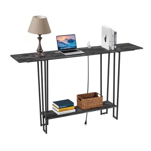 VECELO 55.1" Console Table,Industrial Couch Side Table with Charging Station,TV Stand,Furnitures with Sturdy Metal Frame,2 Tier Storage Shelves for Sofa Side,Entryway, Living Room,Grey