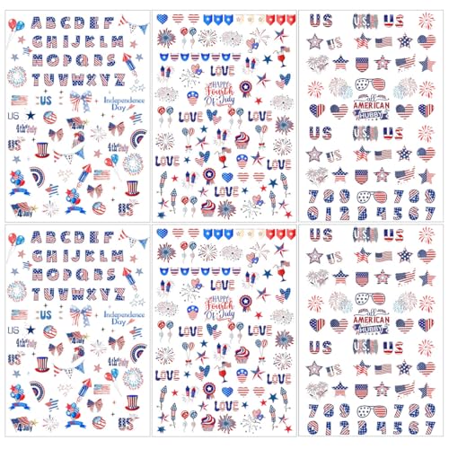 4th of July Nail Stickers 6 Sheets - 3D Self-Adhesive American Flag Decals