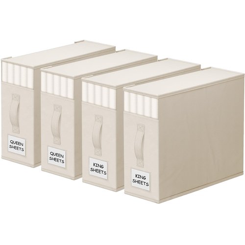 StorageTastic 4 Pack Bed Sheet Closet Organizers and Storage,Sturdy Foldable Storage Containers with Window and Label,Storage and Organization for Bedding Sheets,Duvet Covers,Blankets (Beige)