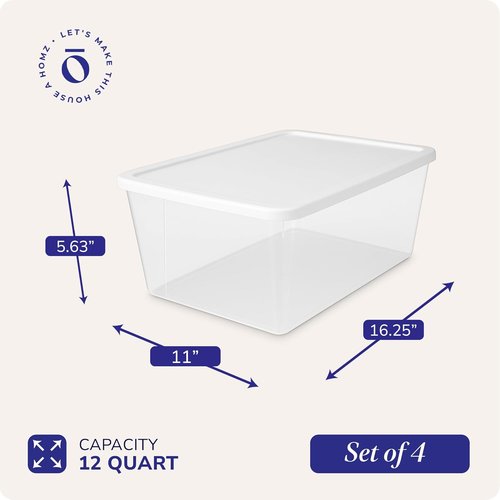 HOMZ Snaplock Storage Organizer Bins - 4-Pack Small Clear Plastic Containers with Lids, 12 Quart, White | Stackable for Home & Office Organization
