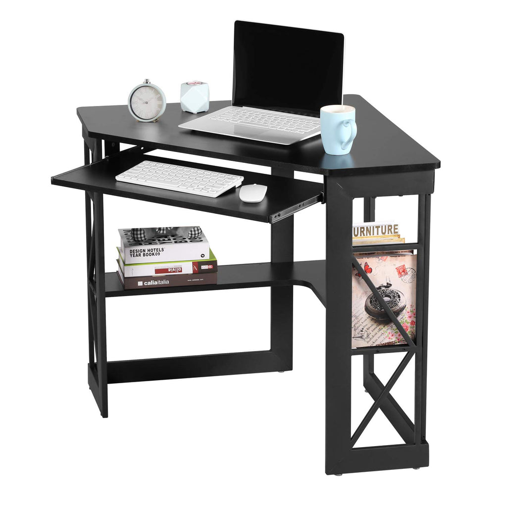 VECELO Corner Desk Computer Desk Writing Table with Smooth Keyboard Tray & Storage Shelves,Compact Home Office Triangle Table,Black