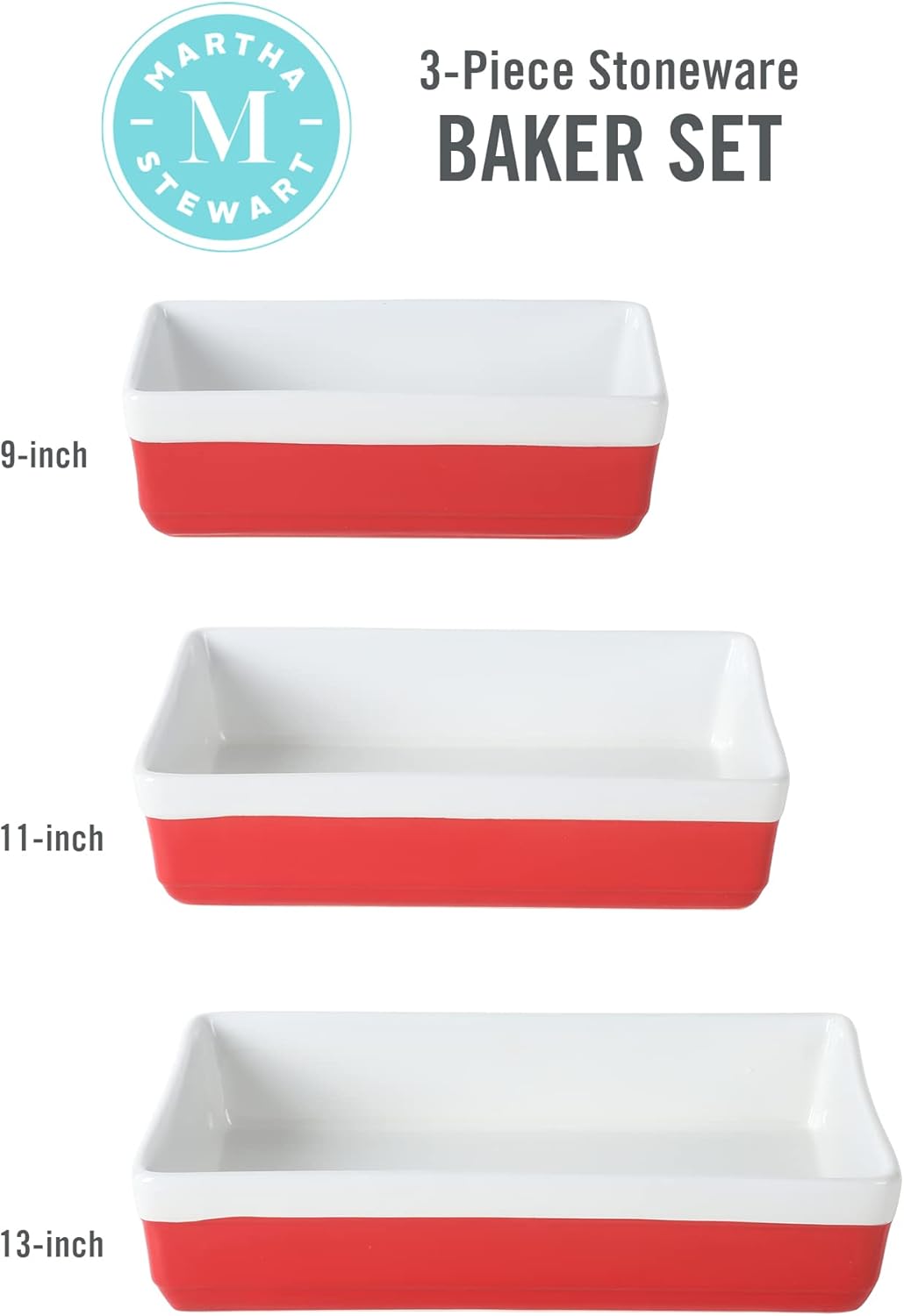 Martha Stewart 3-Piece Stoneware Bakeware Set - Durable Oven-Safe Baking Dish & Casserole - Red