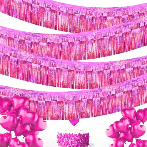 4-Pack Glitter Pink Foil Fringe Garland for Parade Floats & Party Decor