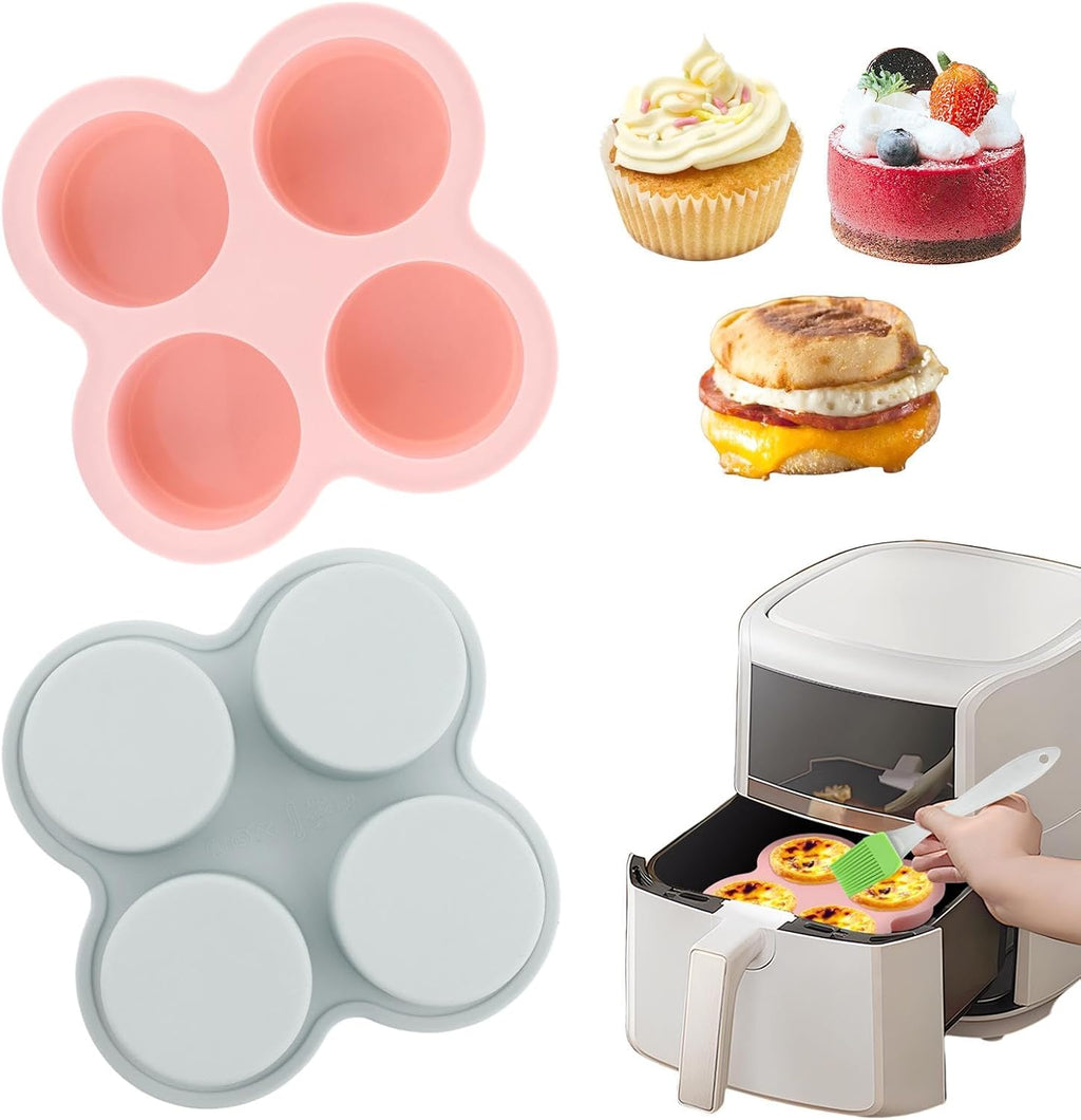 Skiennix Reusable Silicone Air Fryer Egg Mold - Non-Stick 4 Cavity Baking Pan Set | Includes Oil Brush, Pink & Blue