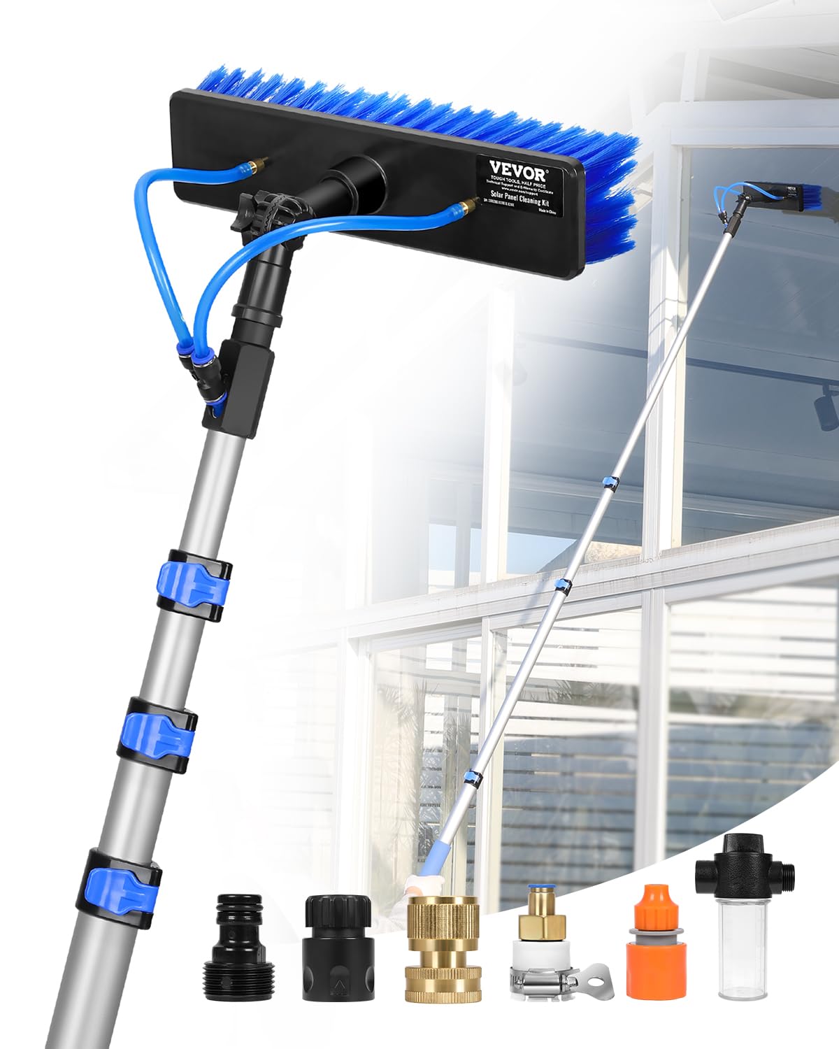 VEVOR Water Fed Pole Kit, 24FT Solar Panel Cleaning Pole with Extendable Handle, 180° Rotatable Brush Head & 65.6FT Hose, Household & Outdoor Window Cleaner Tool for Caravan Solar Panel Deck