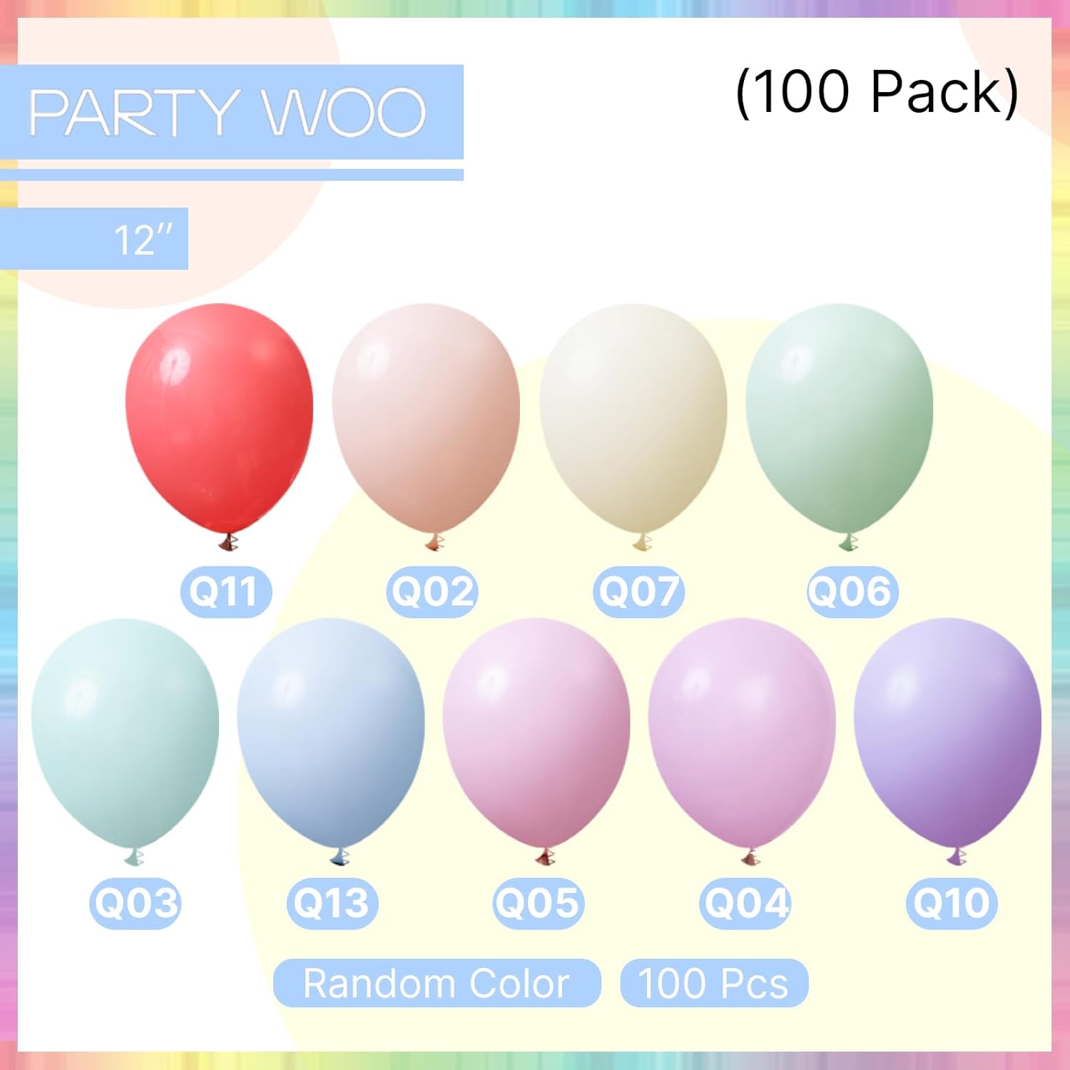 PartyWoo Pastel Balloons - 100pcs 12 Inch Rainbow Latex Balloons for Baby Showers & Celebrations