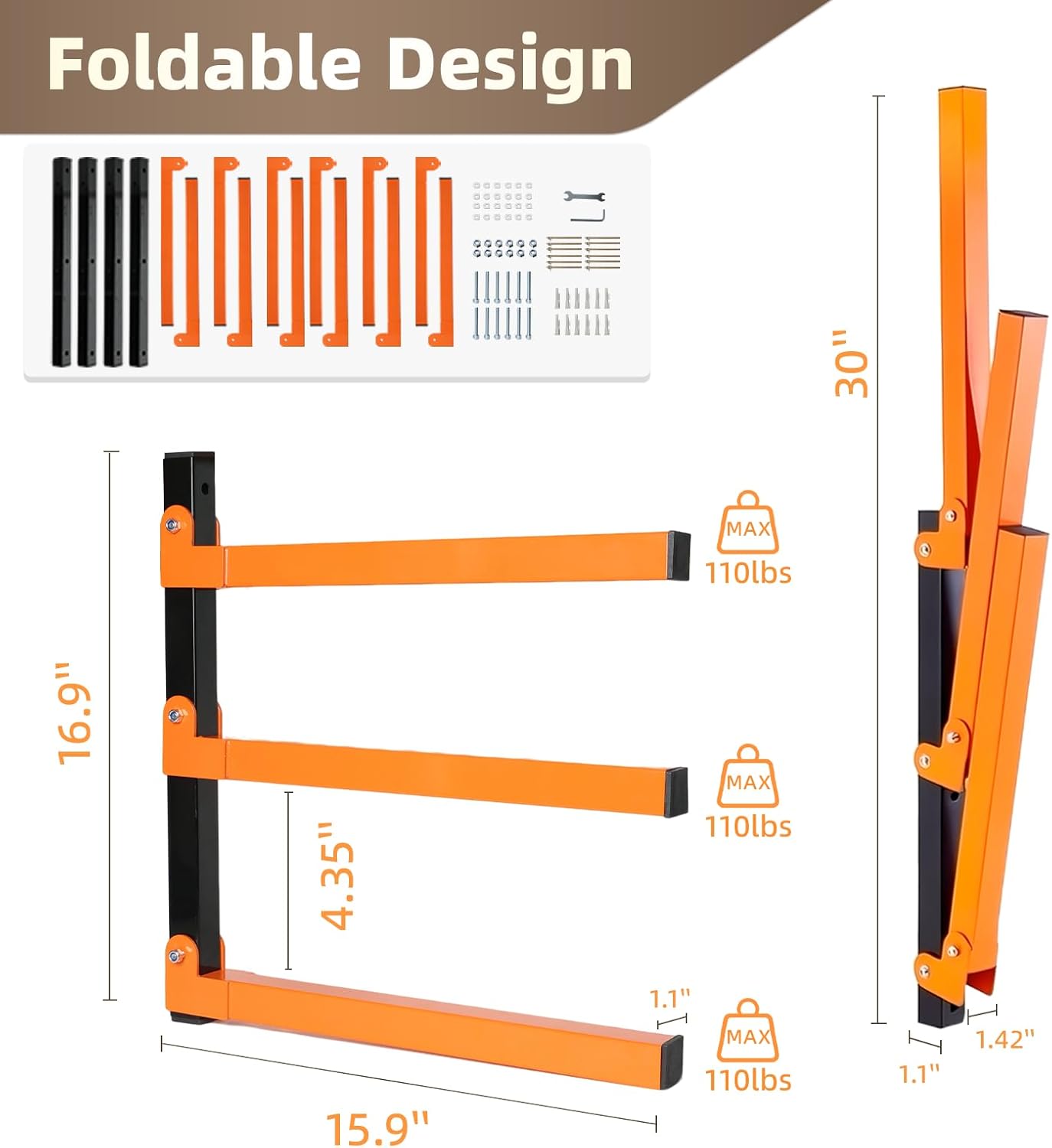 Skiennix Wall Mounted Lumber Storage Rack - Heavy Duty Steel Organizer for Garages & Workshops
