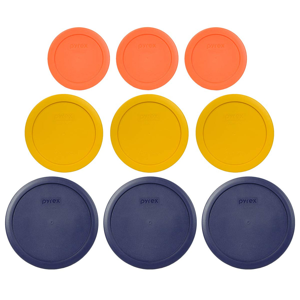 Pyrex (3) 7200-PC 2-Cup Orange, (3) 7201-PC 4-Cup Butter Yellow, & (3) 7402-PC 6/7 Cup Blue Food Storage Replacement Lids - Made in USA