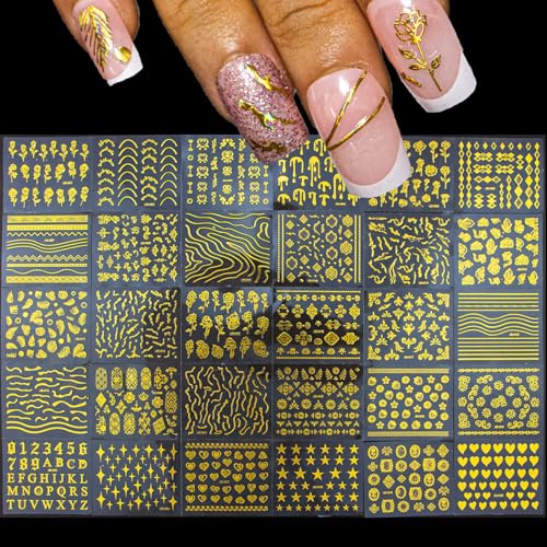 120 Sheets Gold Nail Art Decals - 3D Self-Adhesive Geometric & Floral Stickers