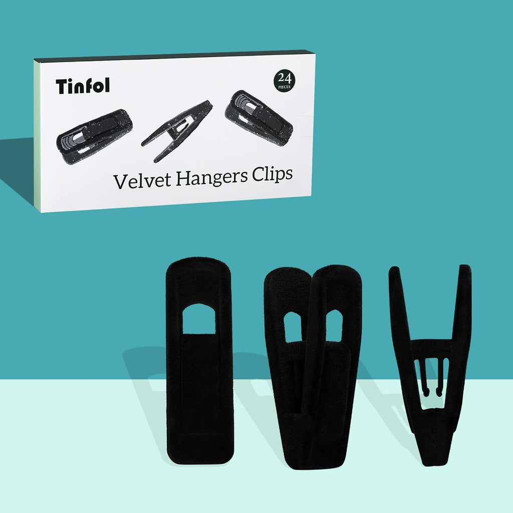 Tinfol Velvet Hanger Clips - 24 Pack Black Pants Clips with Strong Grip for Slim-Line Hangers