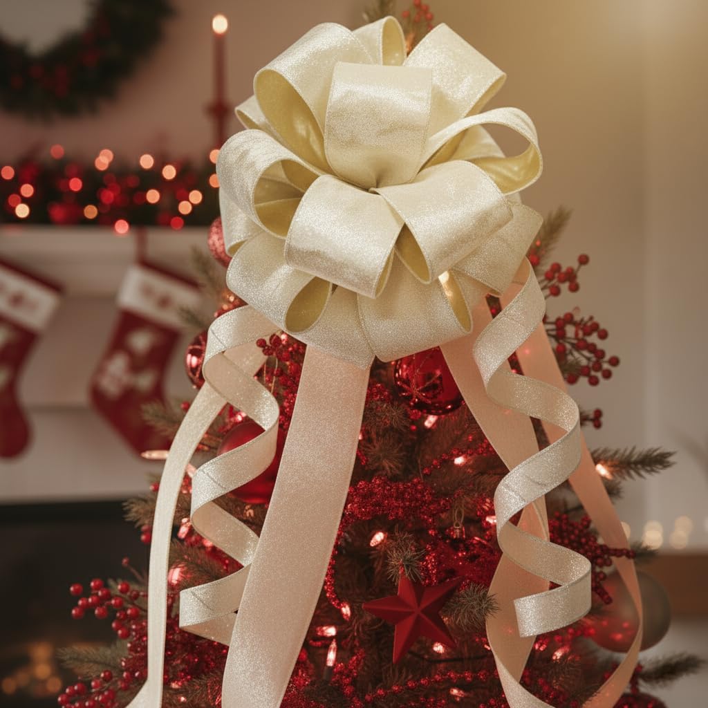 CT CRAFT LLC Ivory Velvet Metallic Backing Christmas Tree Topper Bow 11" with 4 Ribbon Streamers x 3 Yards Long Each for Holidy Elegant Fancy Home Décor Indoor