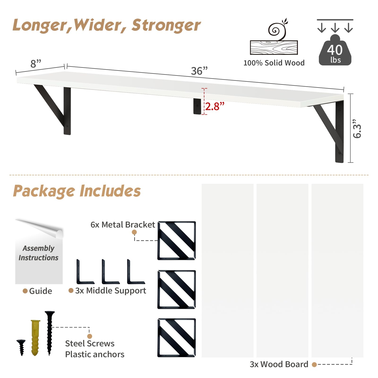 Forbena White Floating Book Shelves for Wall, 36 Inches Long Wall Shelves with Metal Brackets for Bedroom, Large Floating Bookshelf Bookshelves for Living Room Office Classroom (White Wood)