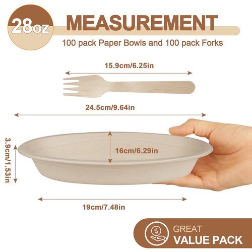 100 Pack 28 oz Oval Paper Bowls【with 100 Forks】, Compostable Bagasse Disposable Bowls, Microwave Safe Serving Bowl, Heavy Duty Paper Bowl Perfect for Nacho, Burrito, Salads, Pasta, Party Supplies