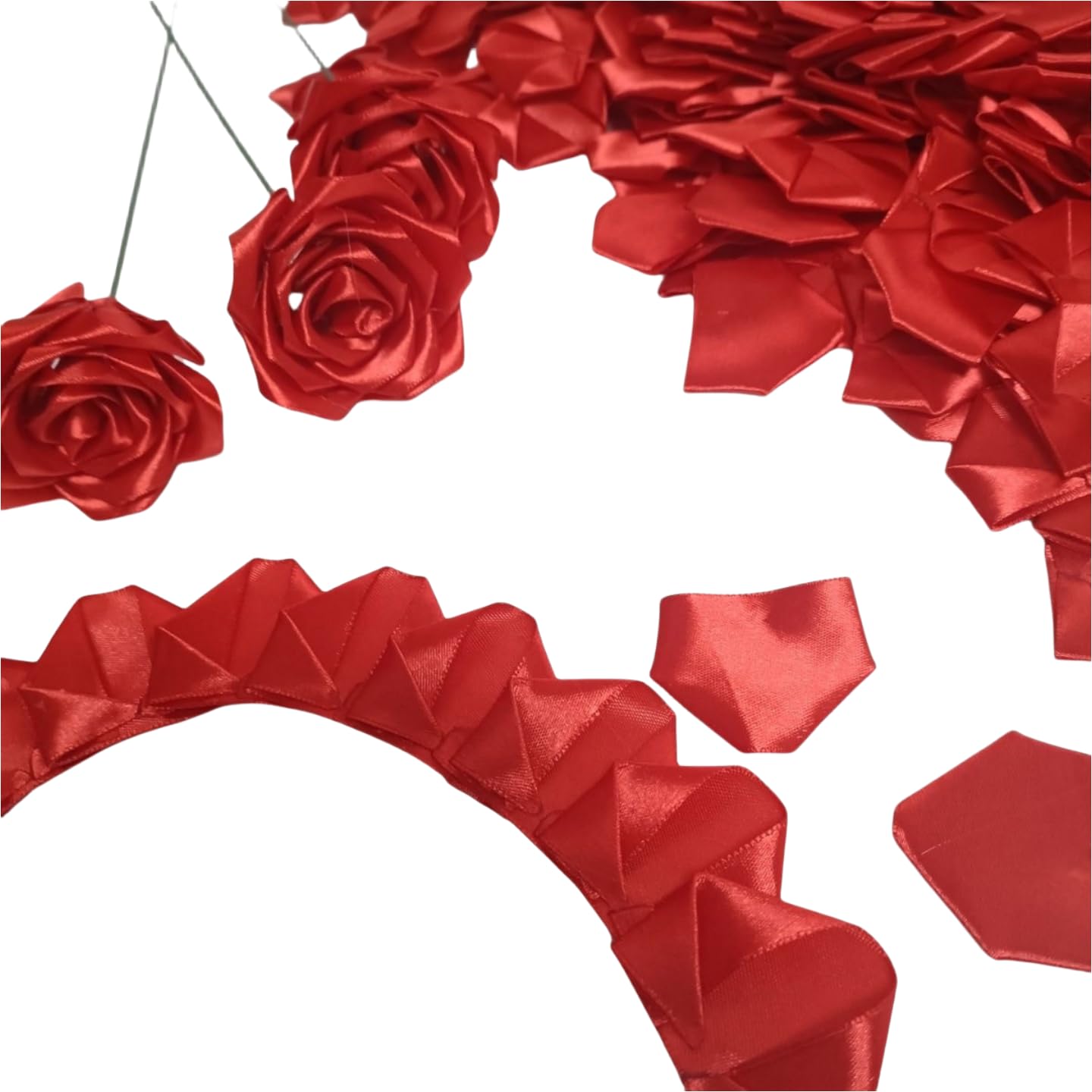 LatinaFlorista 300Pcs Premade Satin Ribbon Rose Petals Half-Finished for Eternal Rose DIY Ramos Forever Flowers Bouquets Everlasting Floral,for Wedding,Anniversary,Birthday (300 Pcs Red)