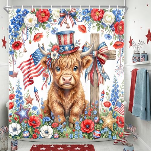 Torich 4th of July Highland Cow Patriotic Shower Curtain 72x72 Inch, Waterproof American Flag Farmhouse Bathroom Decor, Hooks Included