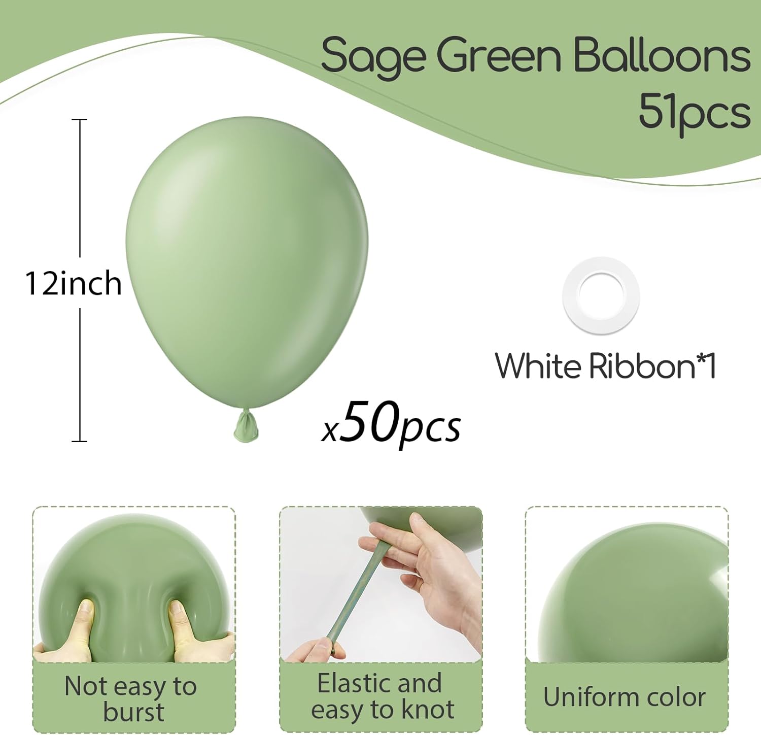 Sage Green Balloons - 12 Inch Light Pastel Latex Balloons | 50 Pack for Weddings & Parties
