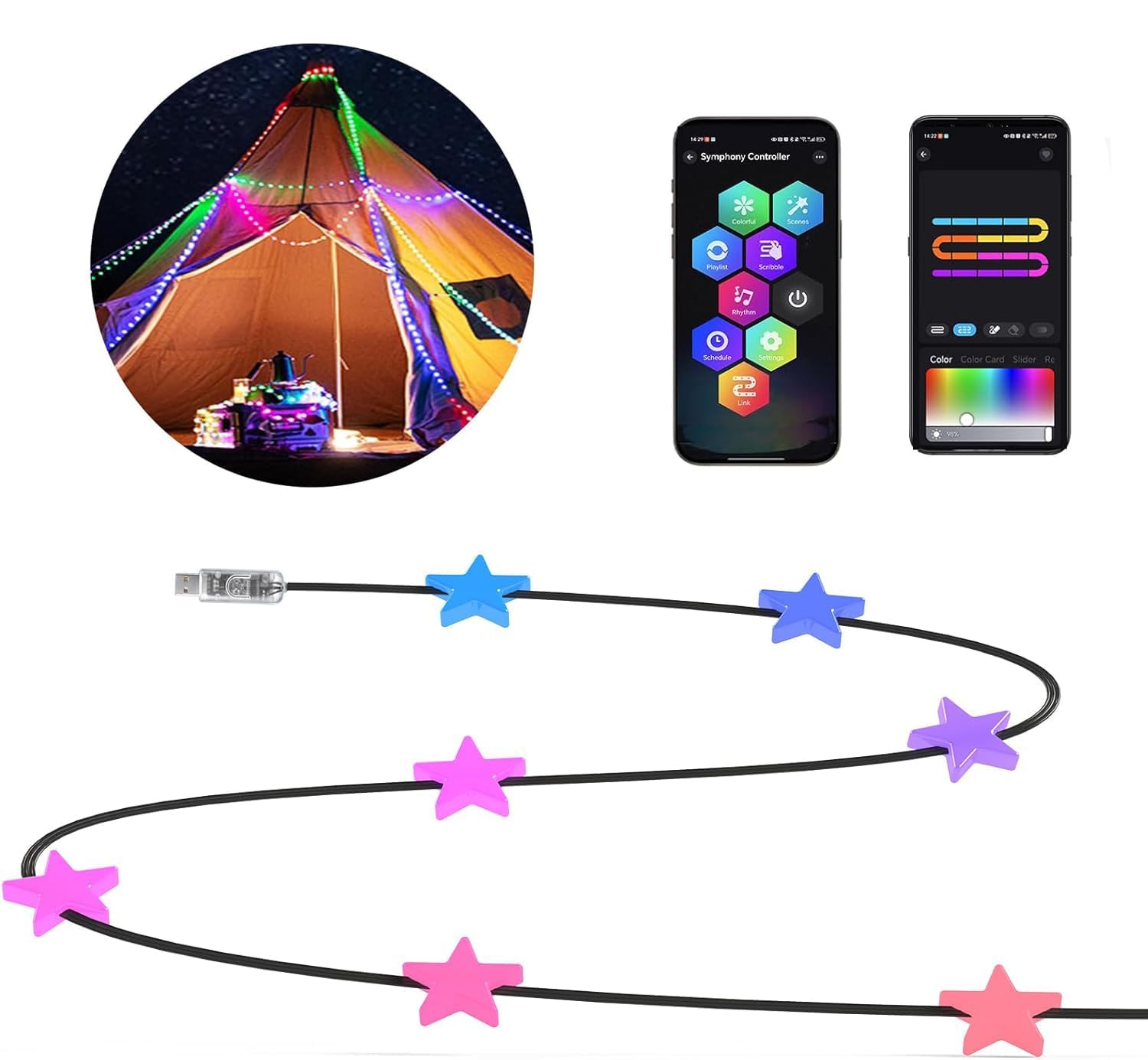 YOOWARM Smart Star Fairy Lights, 33FT 66 LED String Light, Tent Lights for Party with App, Music Sync,Group Control String Lights for Bedroom, Party, Wedding, Holiday Decorations (Star)